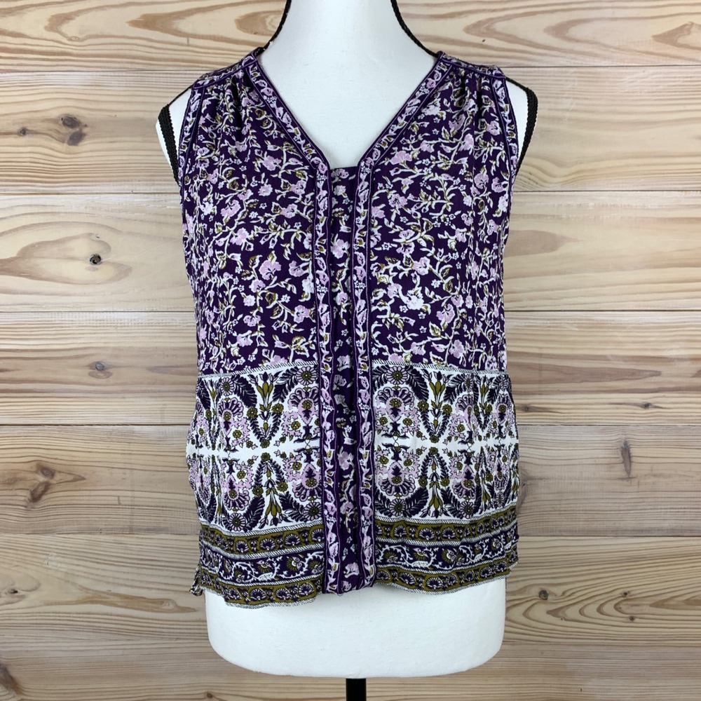 Rebecca Taylor Blouse Women S Purple Floral Sleeveless V-Neck Boho Top‎
